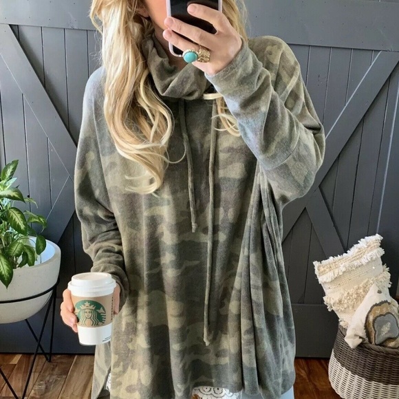 LAST TWO! New Camo Cowl Neck Sweater Tunic Blouse - Picture 6 of 6